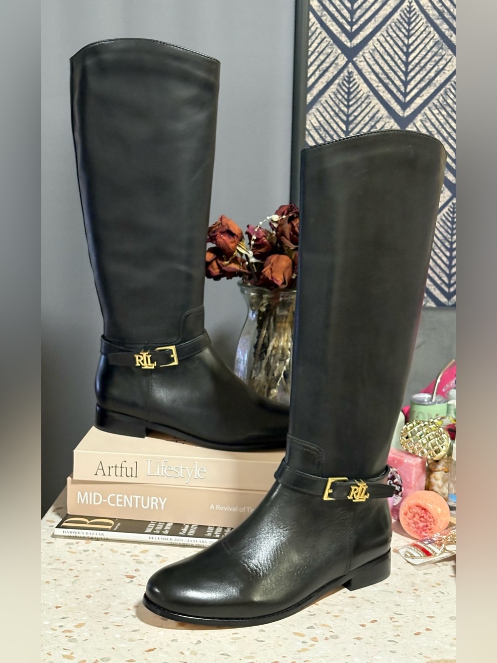 Lauren Ralph Lauren Brooke Leather Riding Boots Black Size 8.5B